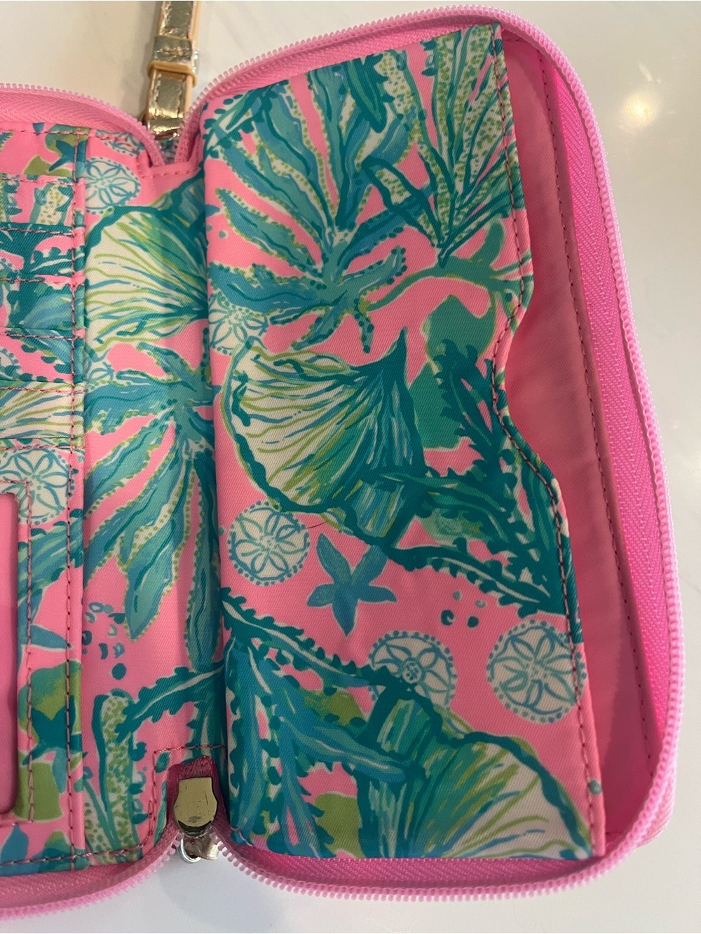 Lilly Pulitzer Pink Tropical Print Wristlet Wallet with Gold Strap - Picture 9 of 11